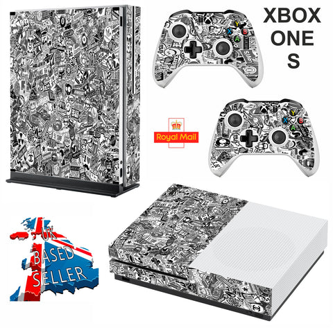 BLACK & WHITE STICKER BOMB XBOX ONE S (SLIM) *TEXTURED VINYL ! * PROTECTIVE SKIN DECAL WRAP